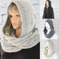 NEW Women Winter Crochet Knit Hood Infinity Scarf Outdoor Windproof Warm Long Shawl Wrap Solid Color Earflap Hat Neck Warmer