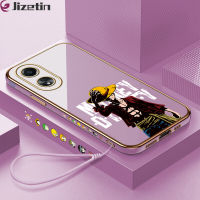 Jizetin OPPO A58 4G ฟรีสายคล้อง + การ์ตูนอนิเมะเรื่อง Luffy ขอบสี่เหลี่ยมชุบเคสโทรศัพท์หรูหราชุบเคสโทรศัพท์นิ่ม