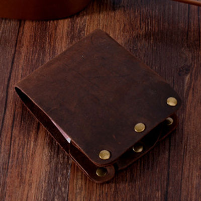 TOP☆MUNUKI Vintage Crazy Horse Genuine Leather Handmade Short Wallet For Men Cool Boys Rivet Purse Bifold Buckles Large Capacity Money Bag For Father Card Holder Wallet Coffee Brown WLD003