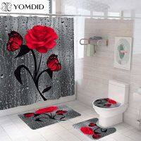 Red Rose&amp;Butterfly Bathroom Non-slip Mat Set Durable Waterproof Shower Curtain Set Pedestal Rug Lid Toilet Cover Bath Mat Rugs