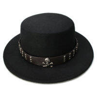 LUCKYLIANJI Kid Children Vintage 100 Wool Wide Brim Top Cap Pork Pie Pork-pie Bowler Hat Skull Bead Leather Band (54cmAdjust)