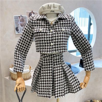 Vintage Tweed Two Piece Set Women Crop Top Woolen Short Jacket Coat Mini Skirts Sets Sweet 2 Piece Suits 2022 Autumn Fashion