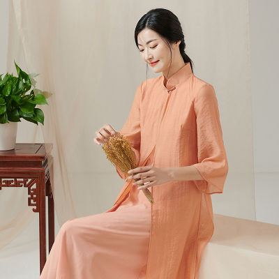Qing Shuzhai 2022เสื้อผ้าวรรณกรรมปรับปรุง Cheongsam ชุดจีนย้อนยุคบาง Zen ชุดชาผู้หญิง