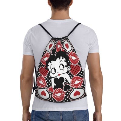 Betty Boop กระเป๋าเป้สะพายหลังกันน้ำถุงผ้าแบบมีหูรูดเชือกรูดกีฬาแฟชั่น Sackpack กระเป๋าหูรูด (S/M)