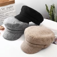 Womens Hat Flat Cap Military Cap Spring Autumn Linen Octagonal Cap Solid Color Flat Top Military Hats Young Student Hat Female