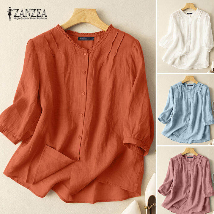 สินค้ามาใหม่-จัดส่งฟรี-fancystyle-zanzea-เสื้อลูกไม้ลำลองของผู้หญิงเสื้อคอกลมวินเทจหลวมติดกระดุมเสื้อลงมา-2