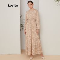 ☜☈ Lovito Polka Dot Round Neck Elastic Waist Maxi A line Dress for Women L21EN121 (Apricot) Lovito Gaun Maxi Sederhana Motif Bintik-bintik Leher Bulat Segaris L21EN121 (Apricot)