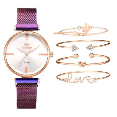 HotWomen นาฬิกาชุด5Pcs Simple Rhinestone สุภาพสตรีนาฬิกาผู้หญิงนาฬิกาข้อมือแม่เหล็กตาข่ายสีม่วงใหม่ Zegarek Damski Relogios