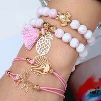 Cute Unicorn Sea Turtle Shell Pink Beads Bracelet Set for Women Romantic Animal Tassel Four-piece Bracelet Birthday Gift forWife