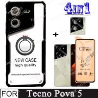 Tecno Pova 5เซรามิกเคลือบกระจกเทมเปอร์สำหรับ Tecno Pova 5 4 Pro 3 Neo 2 Camon 18 18P 17 4 In 1ตัวยึดหัวเข็มขัดและกรอบโทรศัพท์โปร่งใสอะคริลิคนิ่ม TPU เคสด้านหลังป้องกันการตก