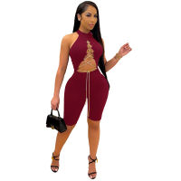 2021CM.YAYA Women Playsuit Solid Sleeveless Bandage Hollow Out Stretchy Bodycon Playsuits Casual Rompers One Piece Overalls Summer