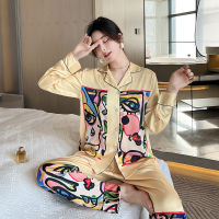 QSROCIO High Quality Womens Pajamas Set Abstract Art Sleepwear Silk Like Homewear V Neck Nightwear Nightgown пижама женска