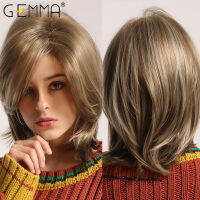 GEMMA Light Brown Blond Highlight Wig with Bangs Short Straight Side Part Synthetic Wigs Women Heat Resistant Natural Daily Hair