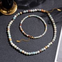 ZZOOI Amazonite Beaded Choker Necklace Anklet Set Stainless Steel Lobster Clasp Summer Beach Women Fashion Jewelry