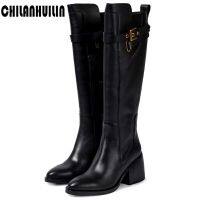 brand cowhide leather+pu knee high boots for women sexy lady punk buckle riding boots high heels all matched winter boots woman