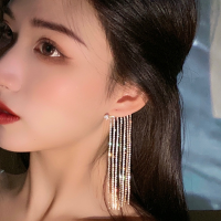 หรูหราส่องแสงเพทาย Rhinestone ยาวพู่หูคลิปหูข้อมือที่สวยหรูวินเทจคลิปต่างหูสำหรับผู้หญิงไม่มีเจาะหูคลิป