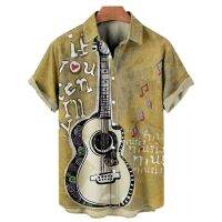 Music Guitar Print Shirts For Men Rock Hip Hop Tops Male Clothing Short Sleeve V-Neck Beach Ahloa Shirts Camisa Social Masculina