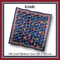 iCONiC NAVY MONOGRAM SILK SCARF SIZE M #6685 ผ้าคลุมไหล่ ขนาด100x100cm ผ้าไหมซาติน พิมพ์ลาย ดอกไ้ม้ หรูหรา ผ้าพันคอ ผ้าไหม ผ้าพันคอผญ