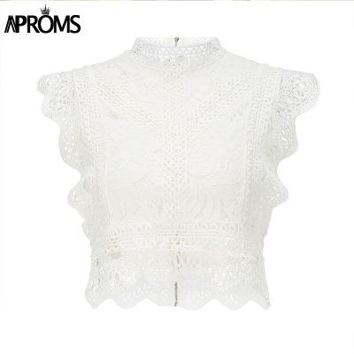 Aproms White Lace Crochet Tank Tops Women Summer Sexy High Neck Hollow out Zipper Crop Top Slim Fit Tees