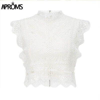 Aproms White Lace Crochet Tank Tops Women Summer Sexy High Neck Hollow out Zipper Crop Top Slim Fit Tees