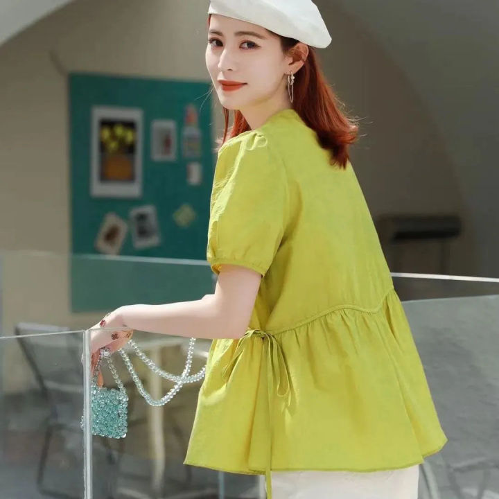 คอวีสไตล์เกาหลีระดับไฮเอนด์สำหรับ2023ช่วงฤดูร้อน-เอว-เท่-เพรียวบาง-เสื้อเชิ้ตแขนสั้น-เสื้ออเนกประสงค์-ผู้หญิง