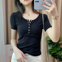 Black T Shirt Women Korean Style Casual Tops Summer Fashion Slim Short Sleeve Tee Round Neck Tshirt