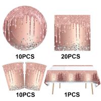 Pink Rose Gold Party Decoration Set Disposable Tableware Paper Cups Plates Napkins Tablecloth for Girls Birthday Party Supplies
