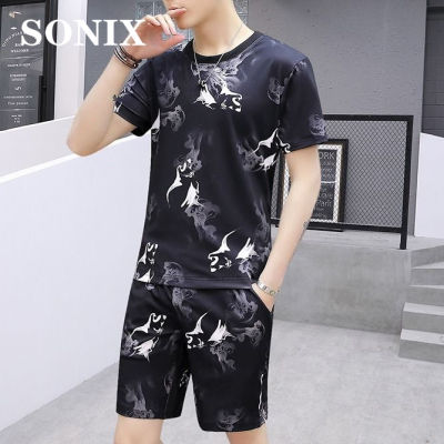 ♚▩▦ hnf531 SONIX mens two-piece suit summer print short-sleeved t-shirt mens casual shorts suit trendy handsome boys five-point sleeve top T-shirt two-piece suit