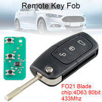 433Mhz 3ปุ่ม Keyless Entry รถยนต์ระยะไกล Fob กับ4D63 80Bit ชิปและ FO21ใบมีดสำหรับ Ford Monde