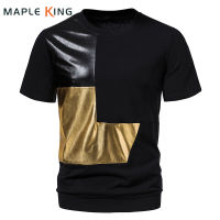 ผู้ชาย Glossy Metallic Colorblock Patchwork ผ้าฝ้าย Tee เสื้อ Homme 2023ฤดูร้อน Steampunk Hip Hop เสื้อยืดผู้ชายเสื้อผ้า Streetwear