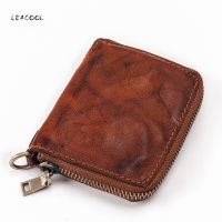 LEACOOL Genuine Leather Men Short Wallet Women Cowhide Zipper Purse Wallets Credit Card Holder Pocket Money Bag