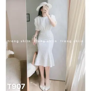 Đầm trắng Midi xốp cổ yếm tay bồng - Nhập Sỉ Online