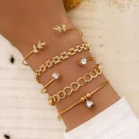 【hot】✕  Chain Set Rhinestones Gold Color Leaves Pendant Cuff Bangle Jewelry