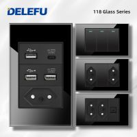 DELEFU 4x2 Black Tempered Glass Brazil Standard Outlet Dual Usb Type C Switzerland Wall Socket Light Switch Switzerland 10A 20A