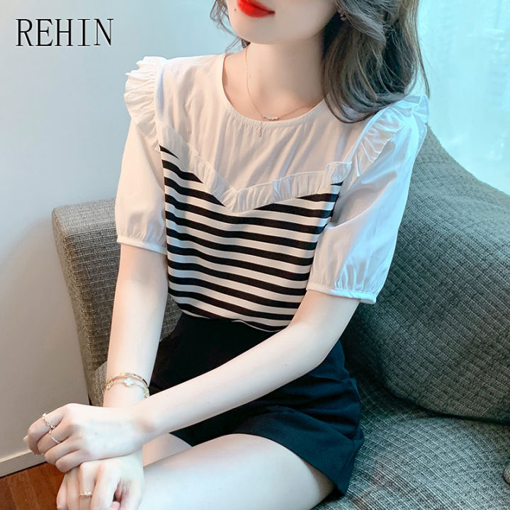 rehin-ของผู้หญิงด้านบนนัวเนียขอบลายเย็บเสื้อแขนสั้น2022ฤดูร้อนใหม่เก๋สีขาว-dsign-เสื้อหรูหรา