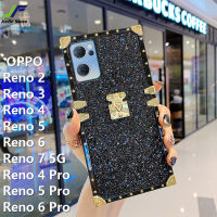 JieFie เคสโทรศัพท์ OPPO Reno 7 / 6 / 5 / 4 / 3 / 2 / 4 Pro / 5 Pro/ 6 Pro/ 6 Pro/ Reno 8/8 T เคสโทรศัพท์เหลี่ยมกระแสแฟชั่นกากเพชรระยิบระยับแบรนด์กรอบตอกหมุด