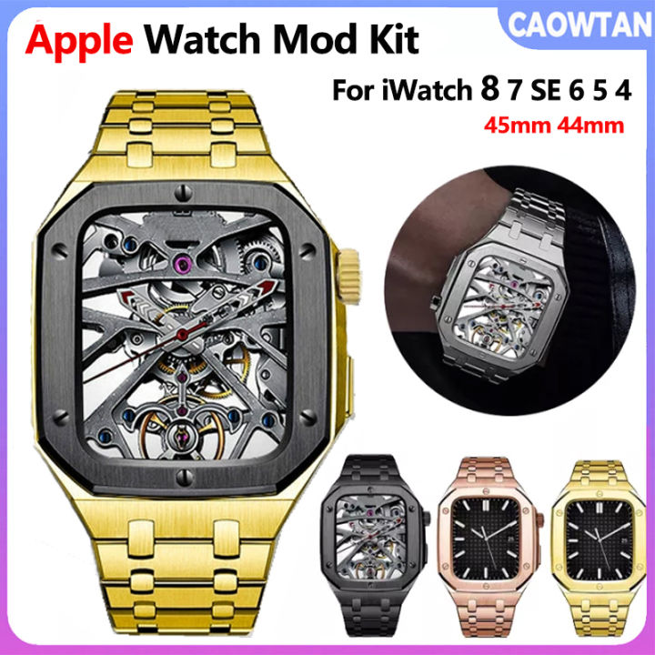 richard-mille-สำหรับ-apple-watch-series-8-7-6-5-4-se-44มม-mod-kit-สแตนเลสสตีลสำหรับ-i-watch-case-และสายคล้อง-ap-royal-oak-modification-kit-โลหะ-bezel-สายคล้องคอ44มม-45มม