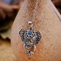 [HOT] Bohemian Ethnic Blue Stone Elephant Feather Necklace Anklet Vintage Antique Silver Pendant Necklace Women Summer Beach Jewelry