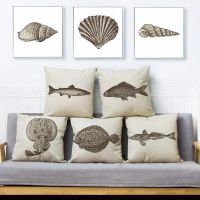 Ocean Animal Crab Shell Fish Print Throw Pillow Cover 45*45 Square Cushion Cover Linen Pillow Case Sofa Home Decor Pillows Cases Cushion Cover