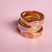 New Ins Stainless Steel Mushroom Ring Vintage Colorful Drop Oil Heart Letter Rings For Women Girls Fashion Jewelry Gift