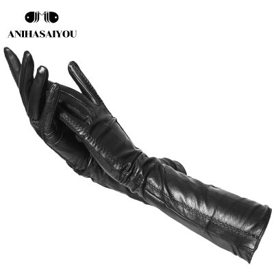 Fashion beige long leather gloves,high-grade long leather gloves women,winter genuine sheepskin womens long gloves - CSD2-50CM