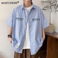 MAYCHEER   เสื้อเชิ้ตแขนลำลองขาสั้นฤดูร้อนแฟชั่นผู้ชาย,เสื้อลายทางมาใหม่