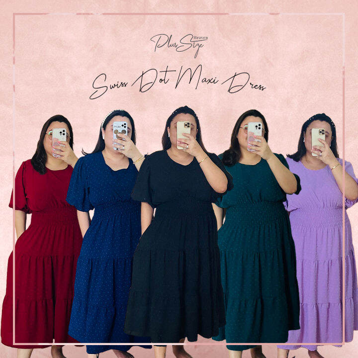 PSH Swiss Dot Plus Size Maxi Dress with Sleeves Lazada PH