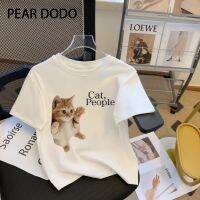 PEAR DODO เสื้อยืดแขนสั้นสำหรับผู้หญิงพิมพ์รอบคอลายลูกแมวเกาหลี