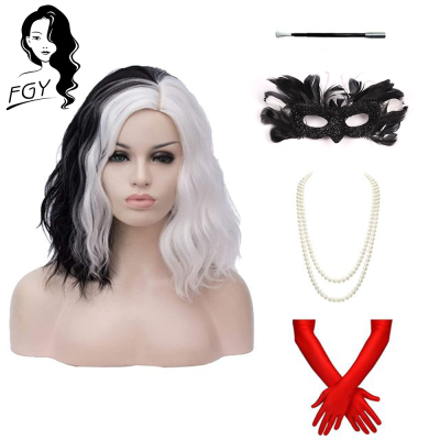 CRUELLA Deville De Vil Black White With Bangs Short Bob Ladies Heat-Resistant Synthetic Wig Cosplay Halloween Costume Party Wig