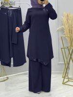 ZANZEA Ramadan Muslim Suit Spring Women Elegant Set Long Sleeve Bead Splicing Tops Wide Leg Pant Vintage Dubai Turkey Tracksuit