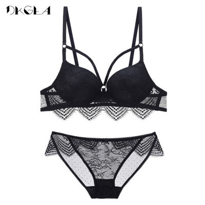 Bandage Sexy Bra And Panties Set Women Underwear Cotton Thick Push Up Bras Embroidery Black Lingerie Set Lace 34 Cup Brassiere