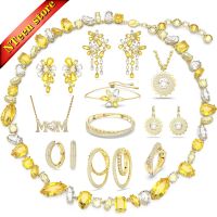 【lz】☃✶  SWAN-Conjunto de Jóias Cristal Amarelo para Mulheres Colar Brincos Pulseira Anel Amuleto Alto Grau Presente de Festa Banda Logotipo Original 2023