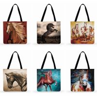 【Lanse store】Modern Art Animal Printed Tote Bag Running Horse Women Casual Ladies Shoulder Beach Foldable Shopping