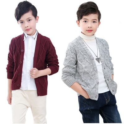 Hot Sales Spring Autumn Boys Sweater Solid Color Keep Warm Knitting Jacquard Weave V-neck Cardigan For 2-10 Years Old Kids